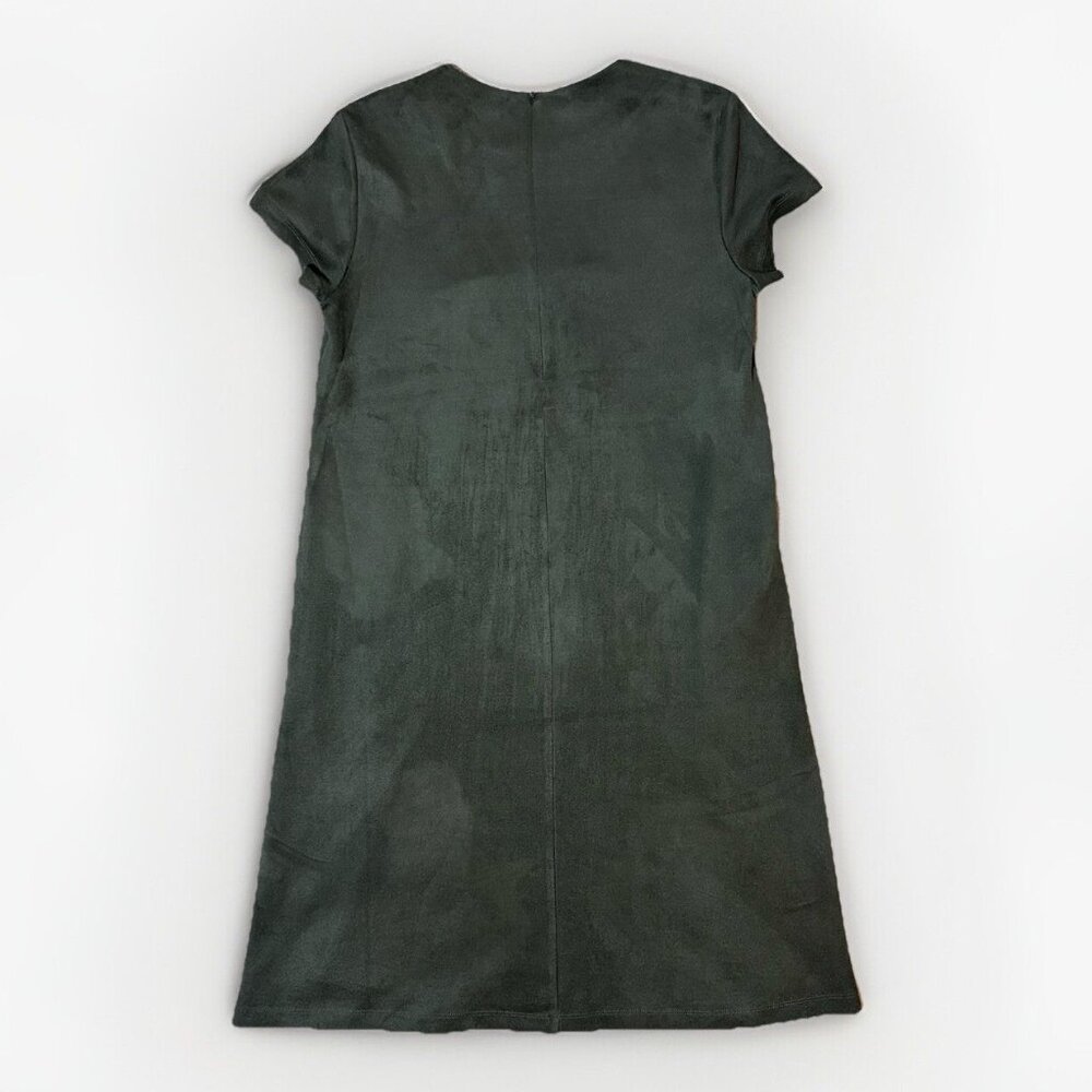 J McLaughlin Swing Dress Cap Sleeve Olive Green Faux Suede Size M Pockets - Picture 9 of 15